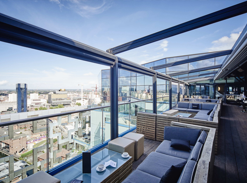 The view of Birmingham's skyline from the terrace at Marco Pierre White Steakhouse Bar and Grill